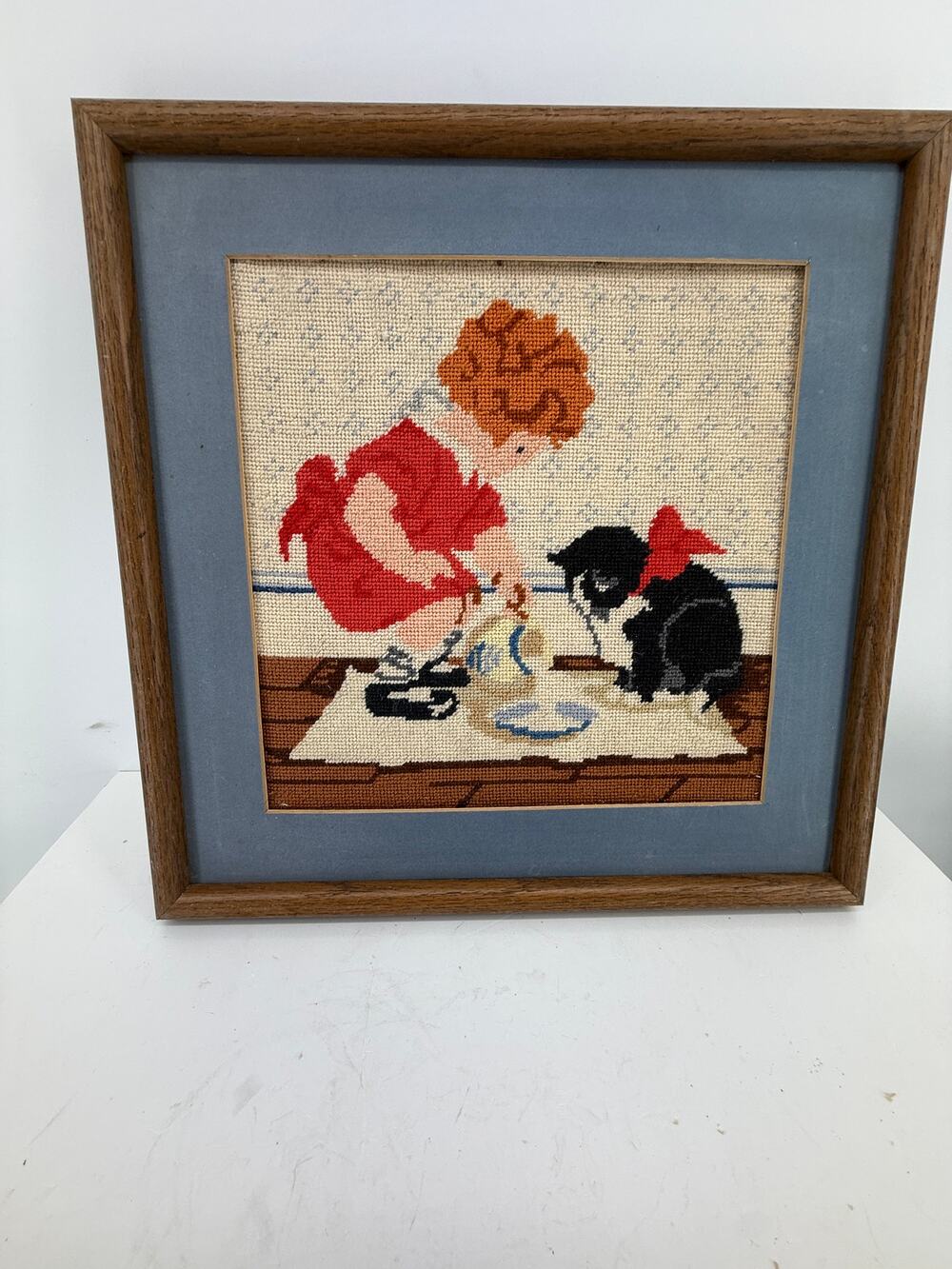 Vintage Needlepoint Girl Grooming Black Cat Red Bow Framed Wall Art 17x17